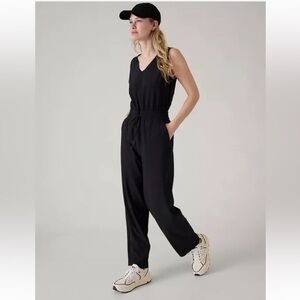Athleta Avenue Black V-Neck Jumpsuit with Drawstring Waist